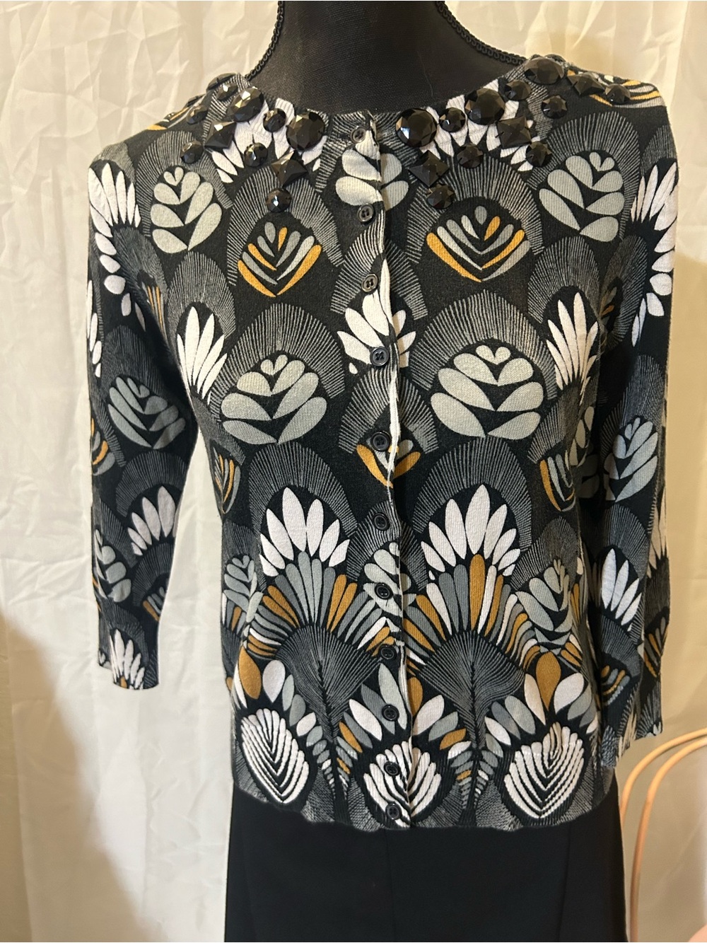 WD.NY Black Cardigan with White & Mustard Floral Motif